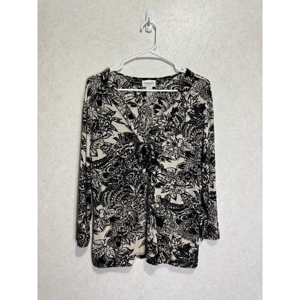 CHICOS TRAVELERS Slinky Blouse Top Floral Black White Stretch 3/4 Sleeve Y2k MED